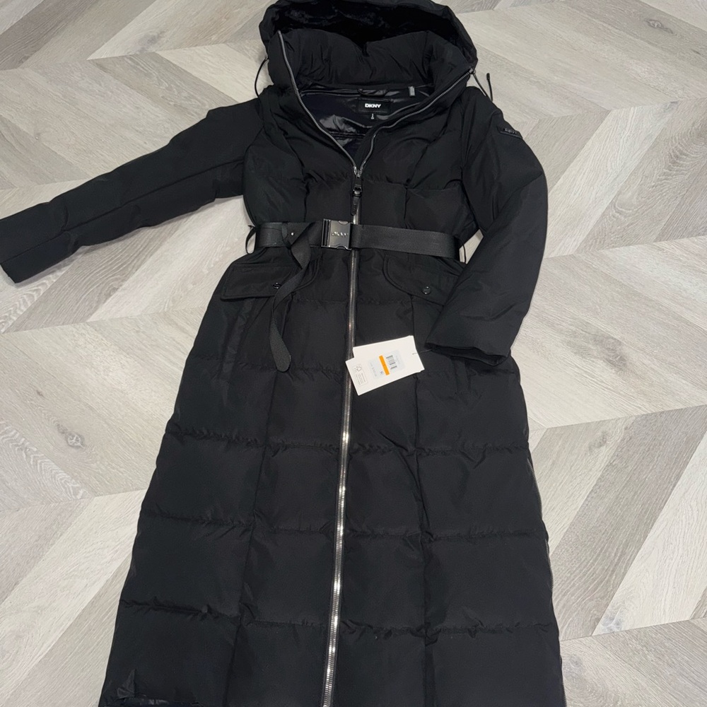 Women's Black Puffer Coat with Belt
